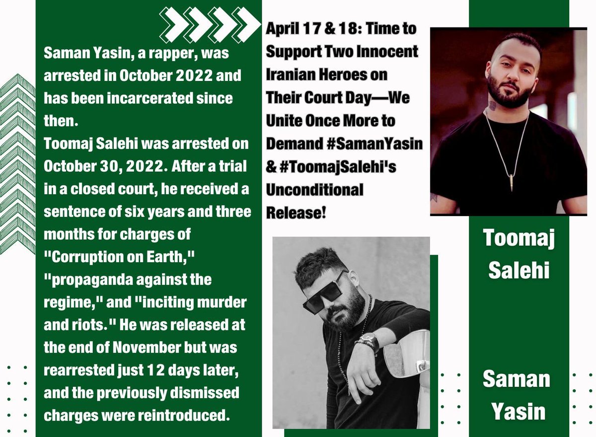 April 17 and 18 are crucial court days for #SamanYasin and #ToomajSalehi, artists whose only crime is standing up against the tyranny of #IRGCterrorists.
Til the last breath we stand with them and demand nothing less than their unconditional release.

@CarlosKasperMdB
@YeOne_Rhie