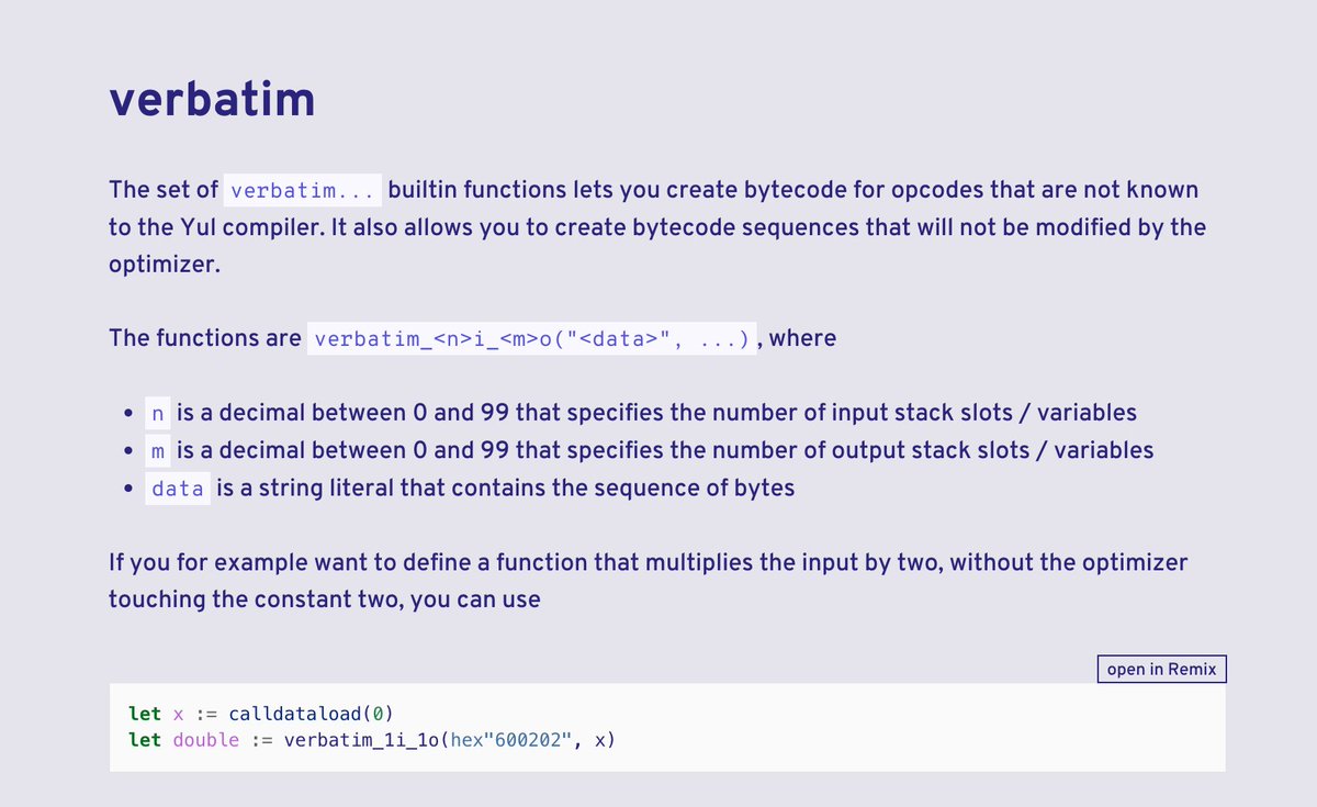 PaulRBerg's tweet image. Any good examples of using Solidity&apos;s `verbatim` in practice?

docs.soliditylang.org/en/v0.8.25/yul…