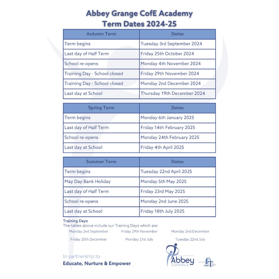 Official term dates for Academic Year 2024/25 are now released. We ask all students, parents and carers to mark these dates in your diary for reference come September 📆 Looking forward to another year for our new and returning students! #abbeygrangeacademy #AGAtermdates