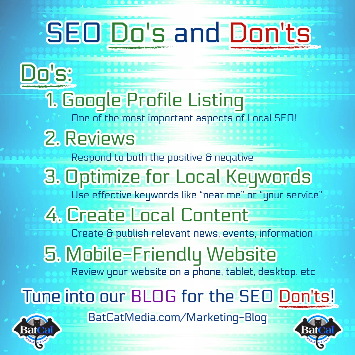 We want to help take your business to the NEXT LEVEL.  🚀 Check out blog for the full list of SEO Do's and Don'ts!  🌐
#BatCatMediaGroup #MarketingBlog