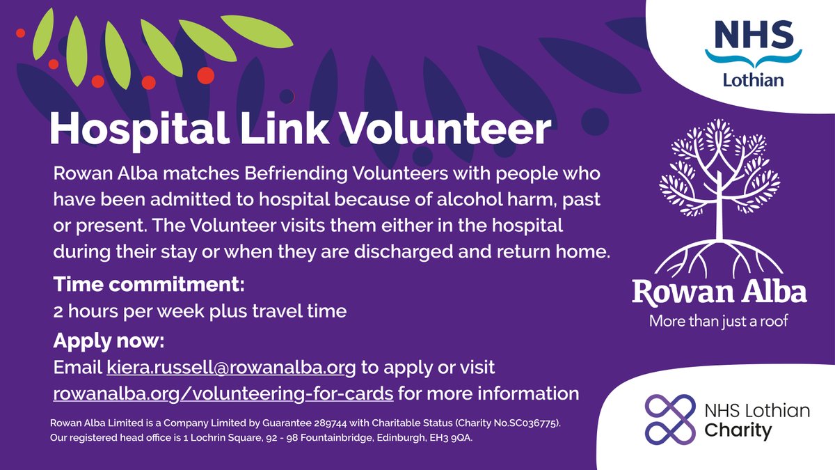 With thanks to @nhslothcharity, we’re excited to be working with Rowan Alba as they pilot a brand new Hospital Link Volunteer role supporting those admitted to hospital due to alcohol related harm, past or present. For more info on the role visit: rowanalba.org/volunteering-f…