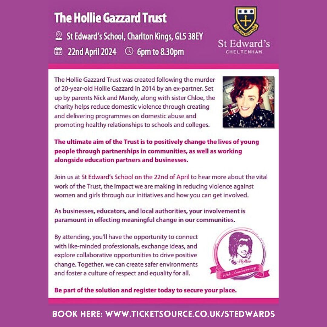 The Hollie Gazzard Trust event, hosted at St Ed's, takes place on 22nd April, 6-8.30pm. Please click here to sign up: ticketsource.co.uk/stedwards If you know any individuals or groups who might be interested in learning more about this wonderful charity, please RT. @holliegazzardT