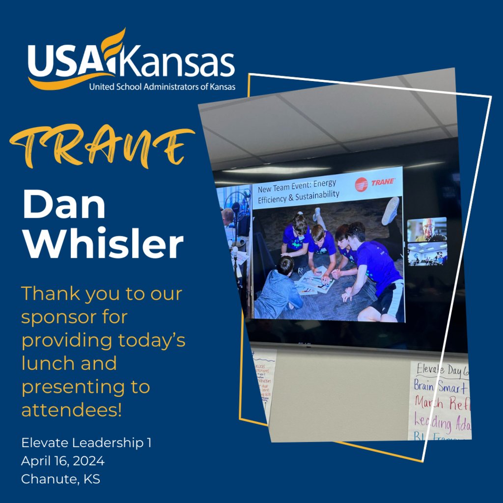 A big thank you to Trane and Dan Whisler for sponsoring today's lunch in Chanute and for investing in the important work of educational leadership! Learn about all partnership opportunities on our website: usakansas.org #edleadershipmatters