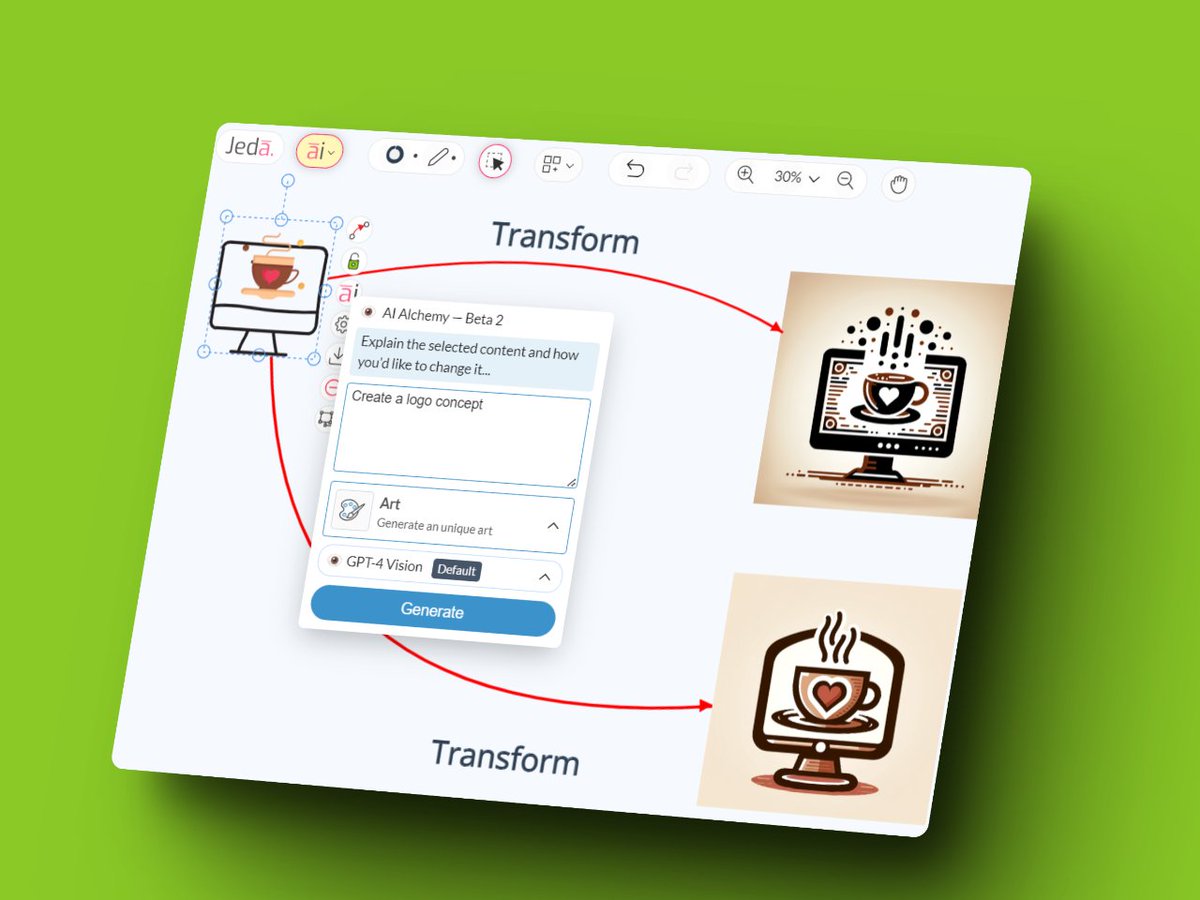 #PromptOfTheDay 🖼️ Select couple of icons, choose Art as Alchemy output with this prompt - 'Create a logo concept'.

👉 Try today at jeda.ai/generative-ai-…

#JedaAI #GenerativeAI #ChatGPT #GPT4 #VisualPrompt #AI #Artwork #Logo #Design #Transformation #LLM #Dalle #Midjourney