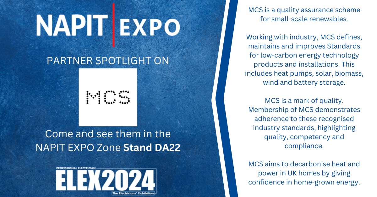 ⭐ NAPIT EXPO PARTNER SPOTLIGHT - ELEX Exeter ⭐
MCS - come and see them in the NAPIT EXPO Zone at stand DA22

🌐 Register for your free tickets here: registration.hamerville.events/exf/iljtfgntkl…

#NAPITEXPOZone #ELEXSHOW2024 @MCSCertified
