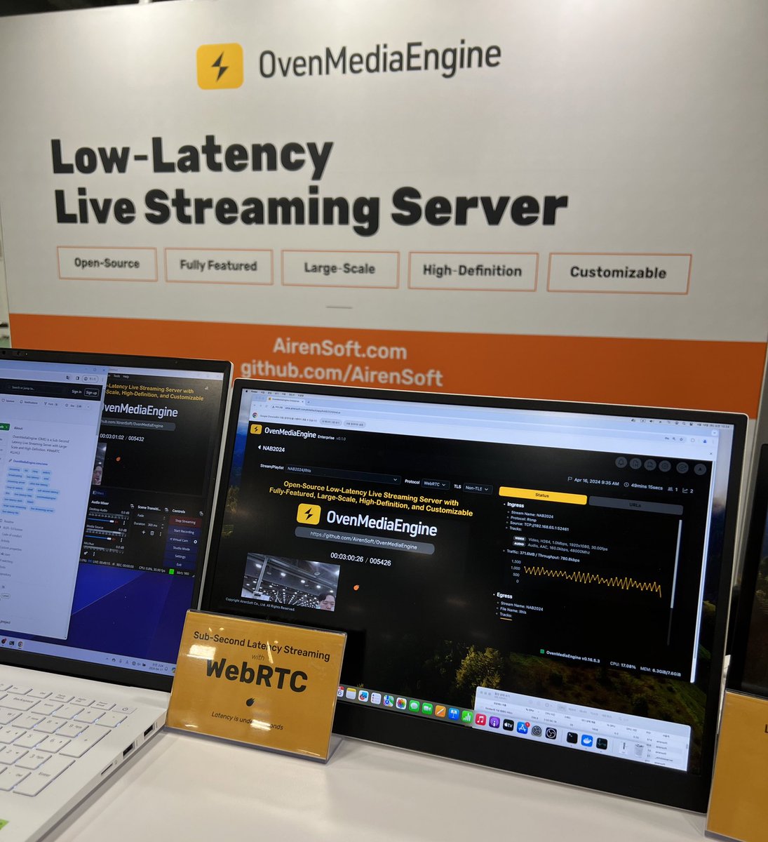 OvenMediaEngine's tweet photo. Today marks the third day of #AirenSoft’s participation in #NAB2024. Experience our open-source low-latency streaming solution at #W3860!
#OvenMediaEngine #OpenSource #StreamingServer #SubSecondLatencyStreaming #LowLatencyStreaming #WebRTC #LLHLS #WHIP #SRT https://t.co/HxT27ynaGJ