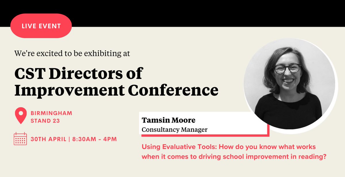 We'll be at the CST Directors of Improvement Conference in Birmingham! @CSTvoice Visit us at Stand 23, and don't miss our Consultancy Manager, Tamsin Moore's session with the trust leaders @OGATrust on evaluating assessment and practice data for driving school improvement.