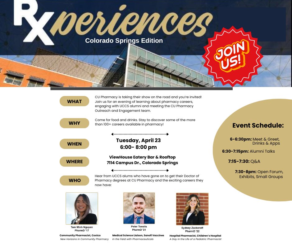 Attention #ColoradoSprings! Are you interested in pharmacy? Curious about what a pharmacist actually does? Stop by our #alumnitalks #Rxperiences event on Tues., April 23. Hear from our alums, grab some free food, & learn more about the field. Register here bit.ly/3Q3ptbE