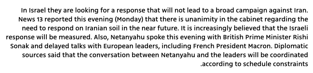 There is unanimity in the Israeli cabinet that there must be a response on Iranian soil 'in the near future', according to Israel's Channel 13 13tv.co.il/item/news/poli…