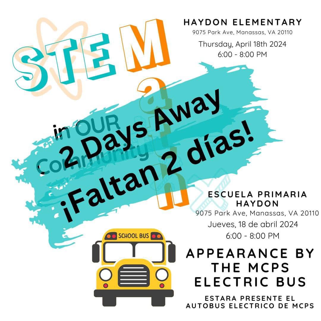 ManassasCitySchools (@mymcpsva) on Twitter photo Math and STEM in OUR Community is just two days away!  Join us on April 18th from 6-8 p.m. @ Haydon. 
¡Matemáticas y STEM en NUESTRA Comunidad está a sólo dos días!  Únase a nosotros el 18 de abril de 6 a 8 p.m. en Haydon. Math and STEM in OUR Community is just two days away!  Join us on April 18th from 6-8 p.m. @ Haydon. 
¡Matemáticas y STEM en NUESTRA Comunidad está a sólo dos días!  Únase a nosotros el 18 de abril de 6 a 8 p.m. en Haydon.