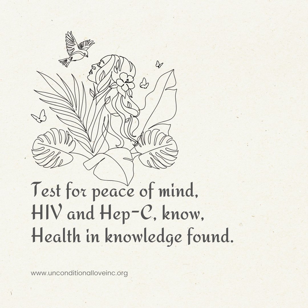 Test for peace of mind,
HIV and Hep-C, know,
Health in knowledge found.

#GetTested #KnowYourStatus #HealthAwareness #UnconditionalLoveIncFL #HIVtesting #HIV #HepC #InternationalHaikuDay #InternationalHaikuDay2024