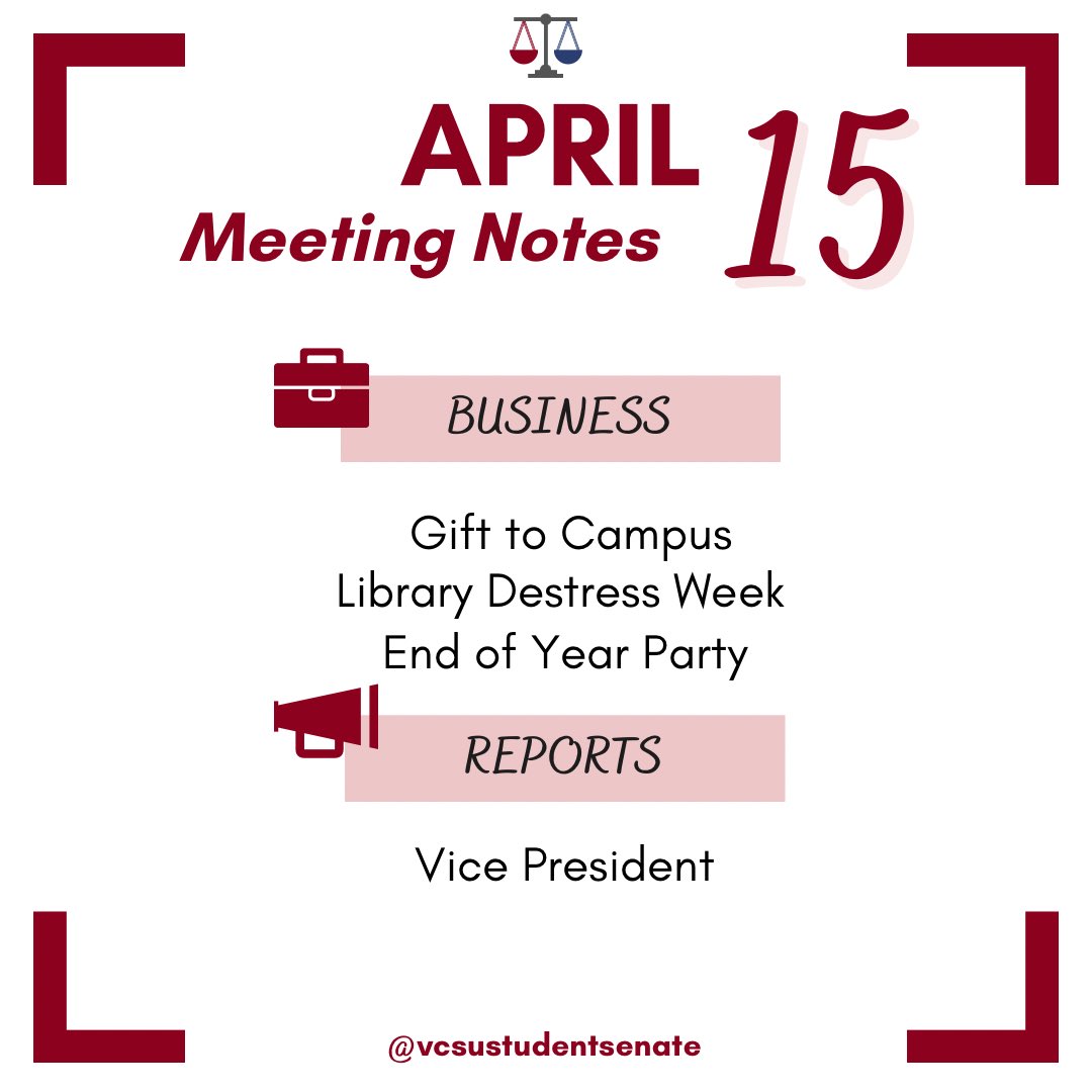 💼 In this week's meeting...  

📷 For more information on these topics, check out the full post on our Instagram!  

#MeetingNotes #StudentSenate #StudentGovernment #VCSUStudentSenate