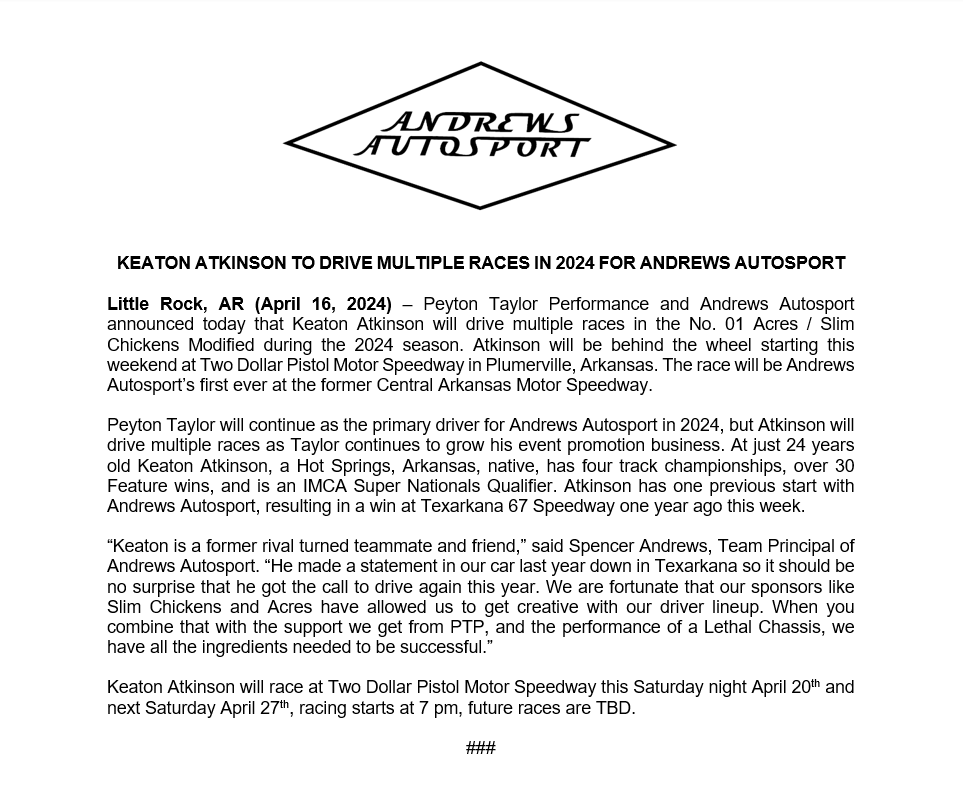 Welcome Keaton Atkinson to the team! We look forward to seeing you wheel the No. 01 <a href="/acres_company/">Acres</a> / <a href="/slimchickens/">Slim Chickens</a> Mod in select upcoming races.