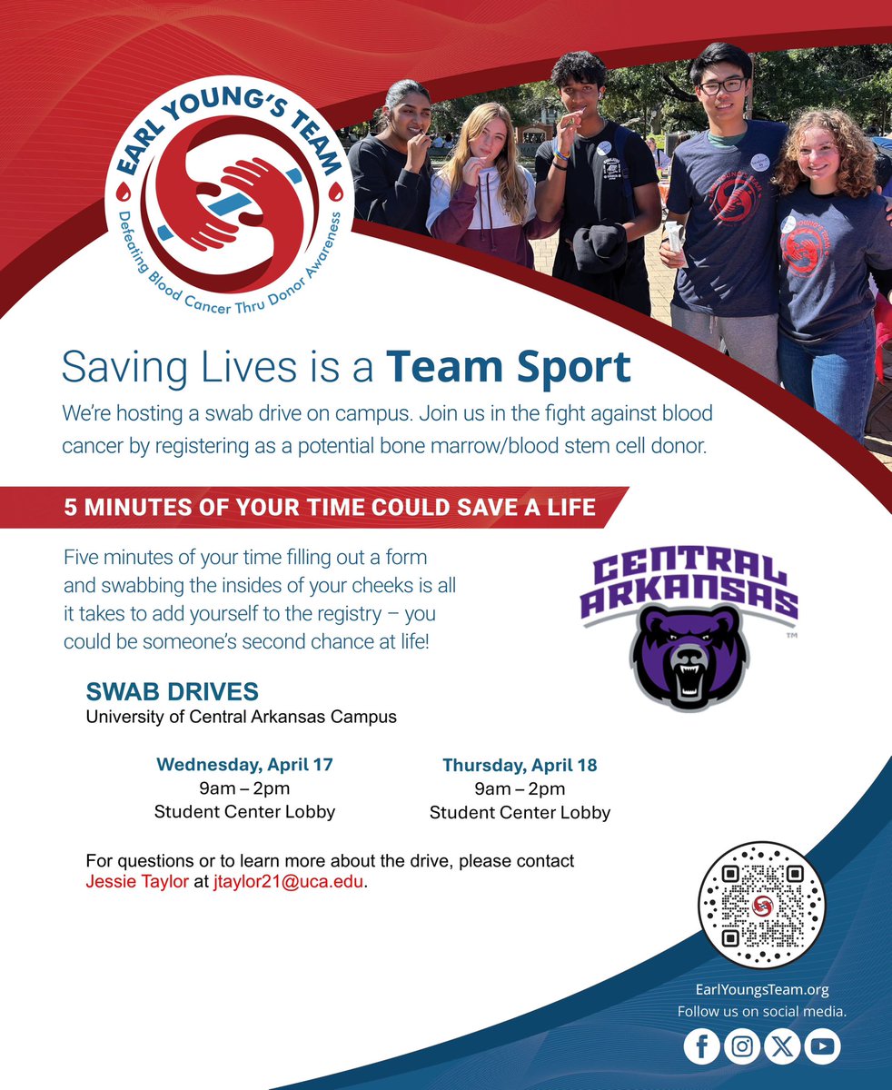 The UCA Student-Athlete Advisory Committee will be hosting a bone marrow swab drive in the student center this week! Come see our UCA SAAC representatives 9 AM - 2 PM on Wednesday & Thursday! Get swabbed to help save a life! #BearClawsUp