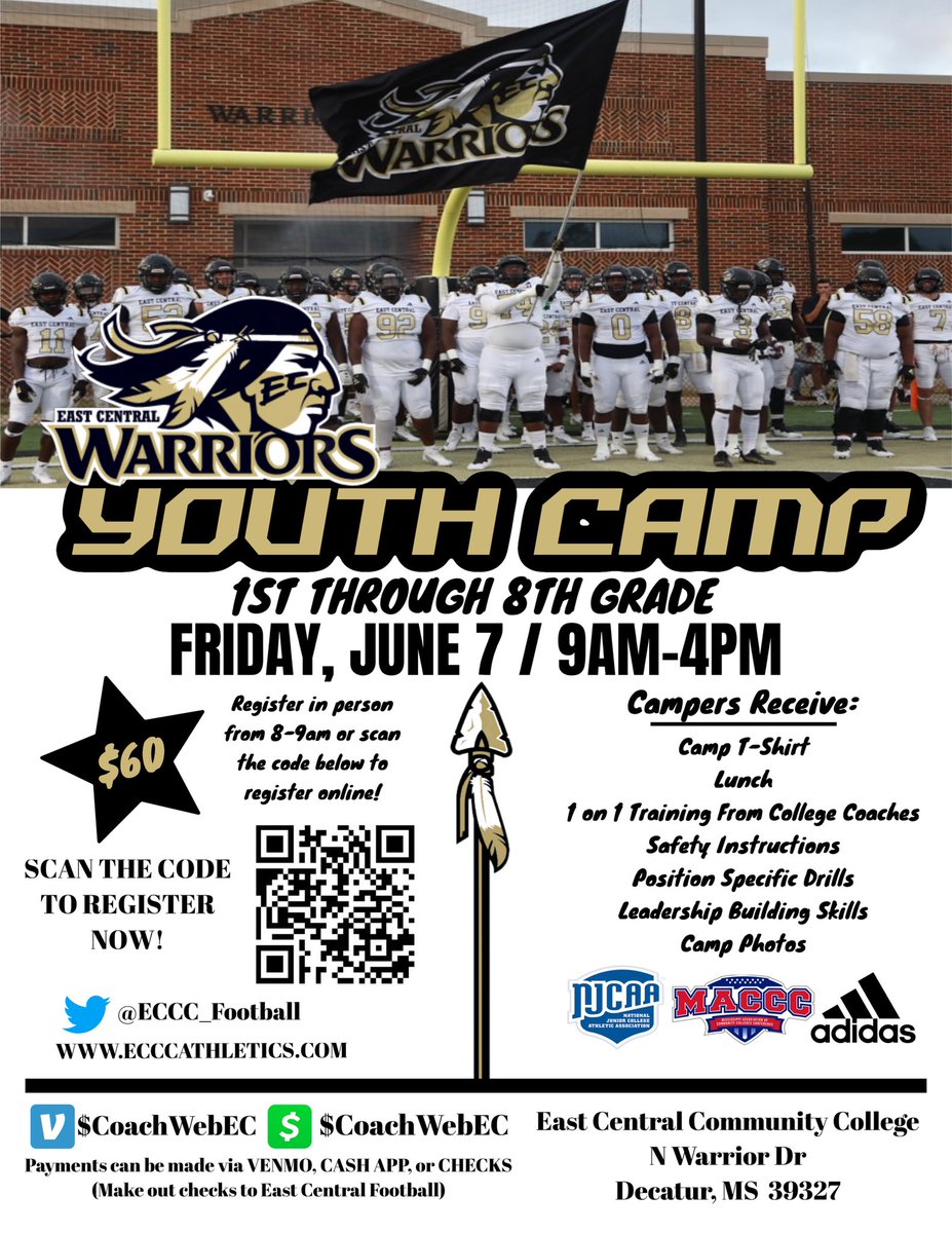 🏈East Central Warriors - Youth Football Camp 📍Warrior Hall - Decatur, MS 💰 $60 #BROTHERHOOD @eccc_football