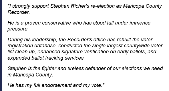 Just In: Former GOP governor and former election official @GovBrewer is endorsing @stephen_richer for re-election as Maricopa County Recorder.