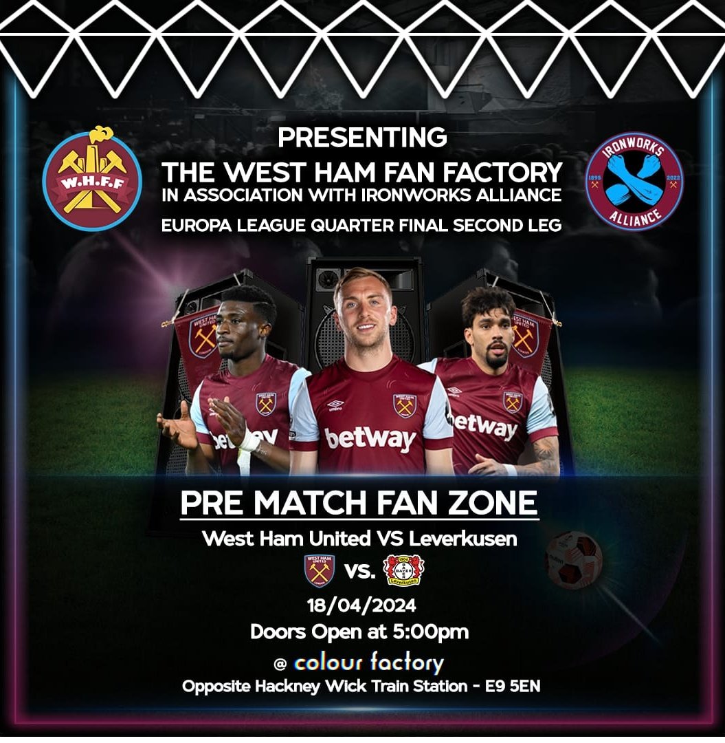 Despite the event being free, tickets are required in advance, so grab yours now by the clicking the link below and let’s create a brilliant pre match atmosphere. 

Mad dog Martin Allen will also be there to warm us up!

eventbrite.co.uk/e/west-ham-uni…

COYI! ⚒️