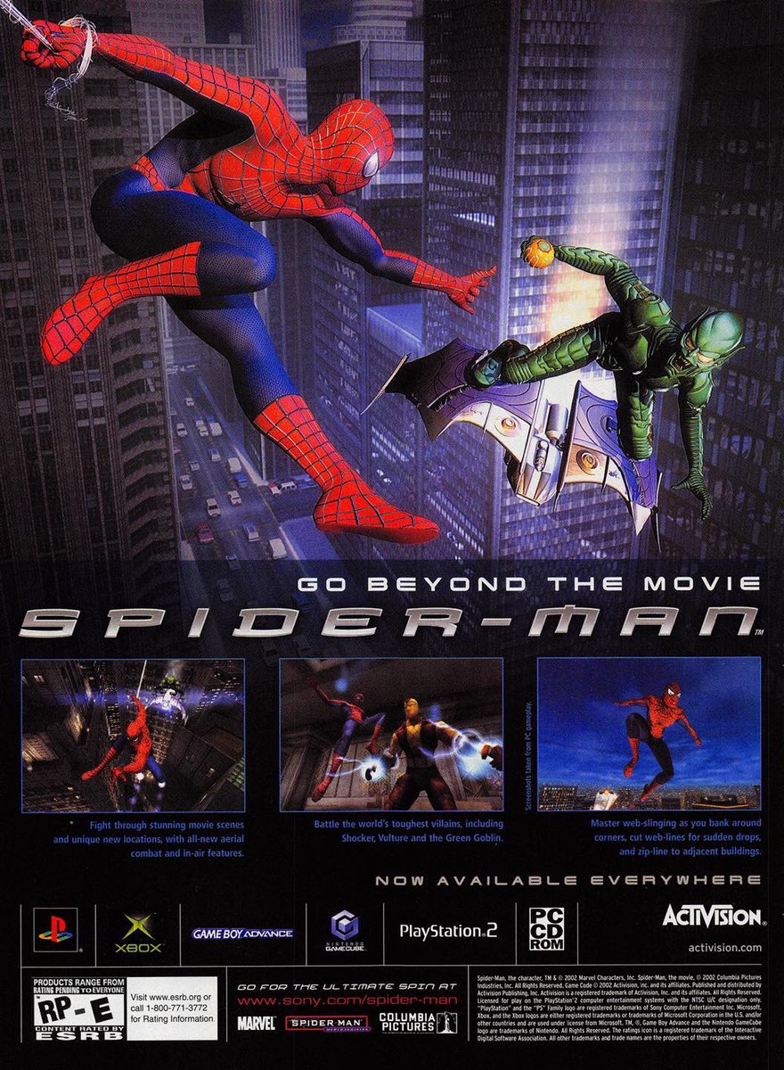 SPIDER-MAN : THE MOVIE 
• PS2 / X-Box / GBA / GameCube / PC, 2002. 
* Advertisement 
#SpiderMan #Activision #Marvel #PS2 #Xbox #GBA #GCN #PC #ZenArcade