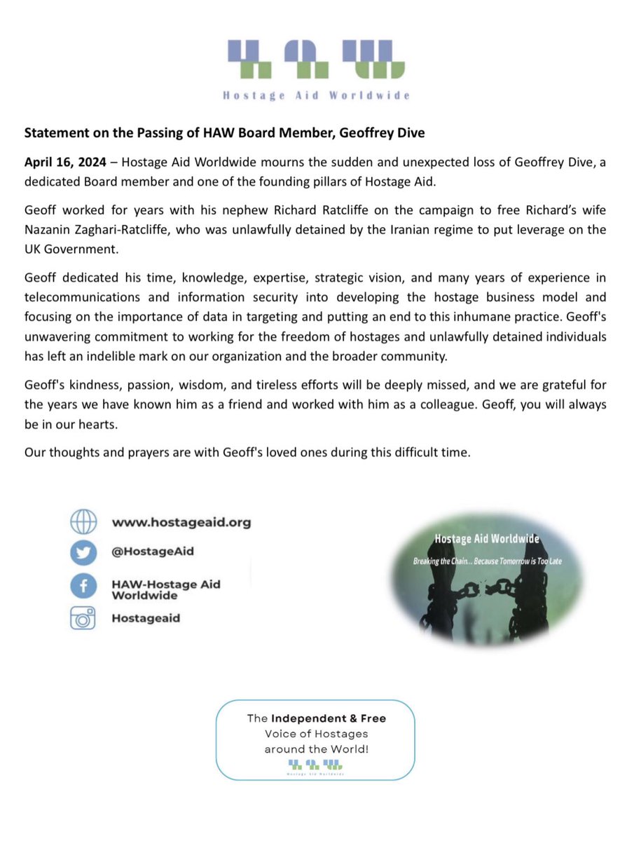 It is with deep sadness that Hostage Aid Worldwide shares the news that its Board Member Geoffrey Dive passed away. Below is the full statement. hostageaid.org/wp-content/upl…