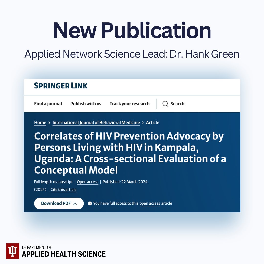 IU_AHS's tweet photo. Dr. Hank Green, Associate Professor in the Department of Applied Health Science, is the Applied Network Science lead of this new publication!
Check it out at https://t.co/rLfPKyNhPb
#HIV #Prevention #AppliedHealth https://t.co/XcjCbaVT0o