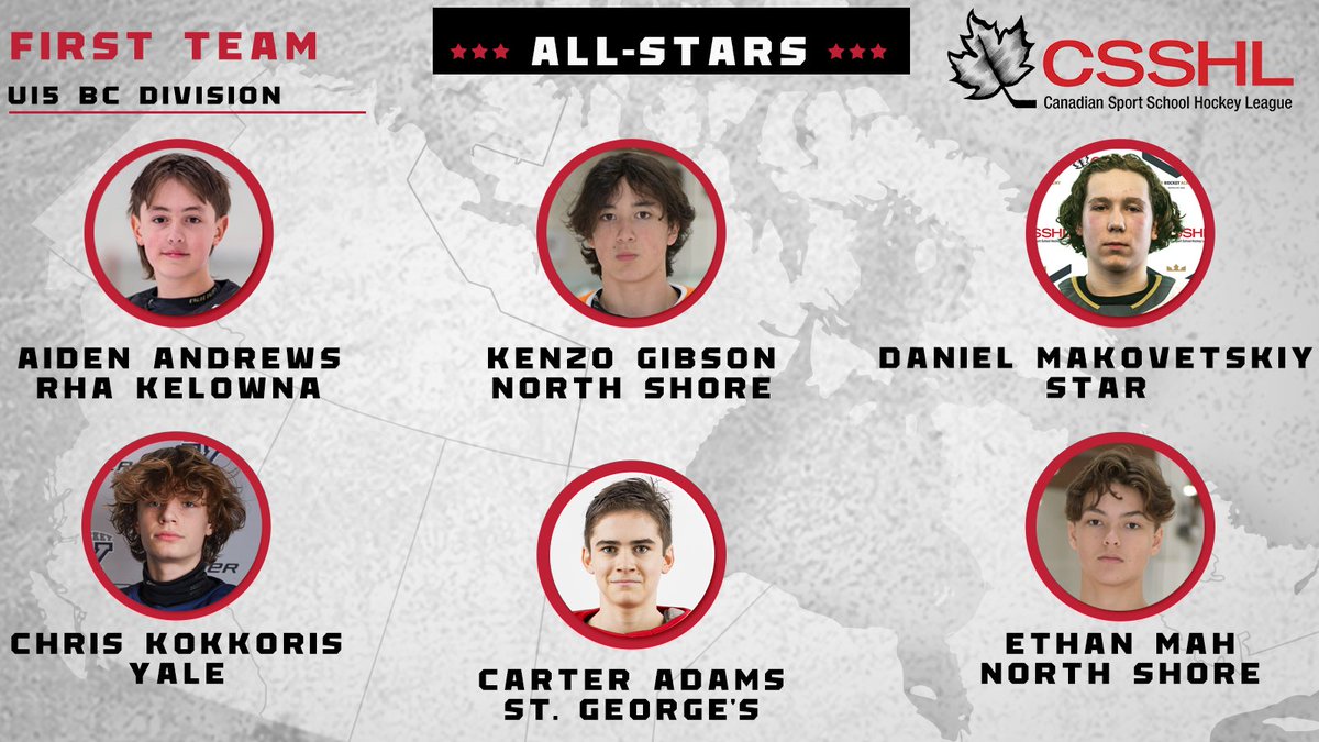 The U15 BC 1st Team All-Stars: F: Aiden Andrews - RHA Kelowna F: Kenzo Gibson - North Shore Warriors F: Daniel Makovetskiy - STAR Hockey Academy D: Chris Kokkoris - Yale Hockey Academy D: Ethan Mah - North Shore Warriors G: Carter Adams - St. George's School