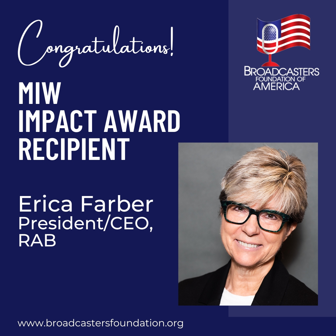 Congrats to Erica Farber, 2024 @MIW_Radio Impact Award recipient! Her contributions to the radio industry are undeniable and we're excited to continue the celebration at our Leadership Breakfast tomorrow where she will receive the 2024 Lowry Mays Award! #BroadcastingHope