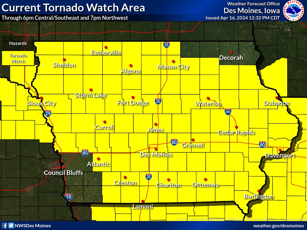 Here is a look at existing Tornado Watch area across the region. Generally, NW areas will be driving by the surface low pressure area, and areas further east with the warm sector/warm front and dry line storms. #iawx