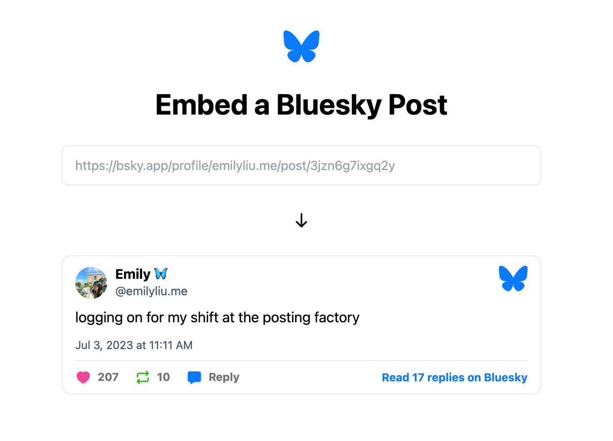 Just shipped: Embed Bluesky posts on other sites! Simply click the menu on the post you want to embed, or paste its URL in embed.bsky.app for the code snippet to use on your web page. Sign up for Bluesky (no invite code required): bsky.app