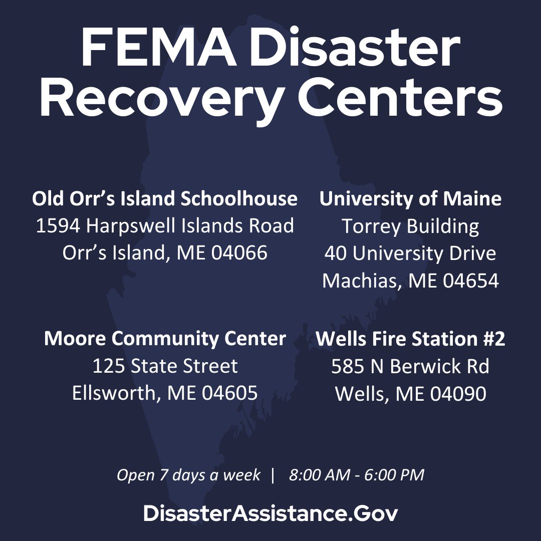 Four @FEMA Disaster Recovery Centers are now open for Maine people impacted by the January storms in York, Hancock, Cumberland & Washington counties. For assistance: ☎️ Call 1-800-621-3362 🖥️ Visit DisasterAssistance.gov 💬 Get help in-person at a Disaster Recovery Center