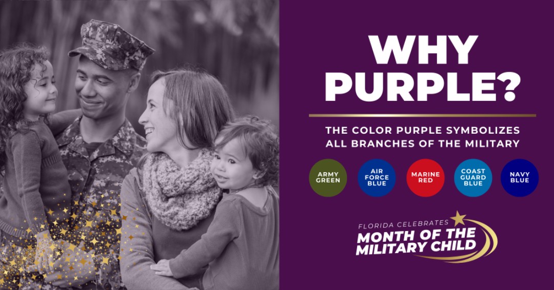 Purple Up! on Wednesday, April 17, by wearing purple as
a visible way to show support for military children. The
color purple was chosen because it is the color that
symbolizes all branches of the military.