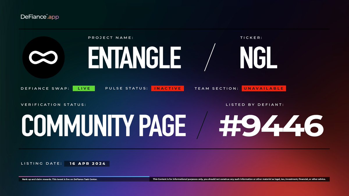 .@Entanglefi community page is now live on DeFiance.app/project/Entang…. 

$NGL is now listed on #DeFianceSwap. 

Entangle is the one-stop shop for any network, protocol, or asset seeking the core primitives and tools necessary to connect to the rest of the blockchain ecosystem.