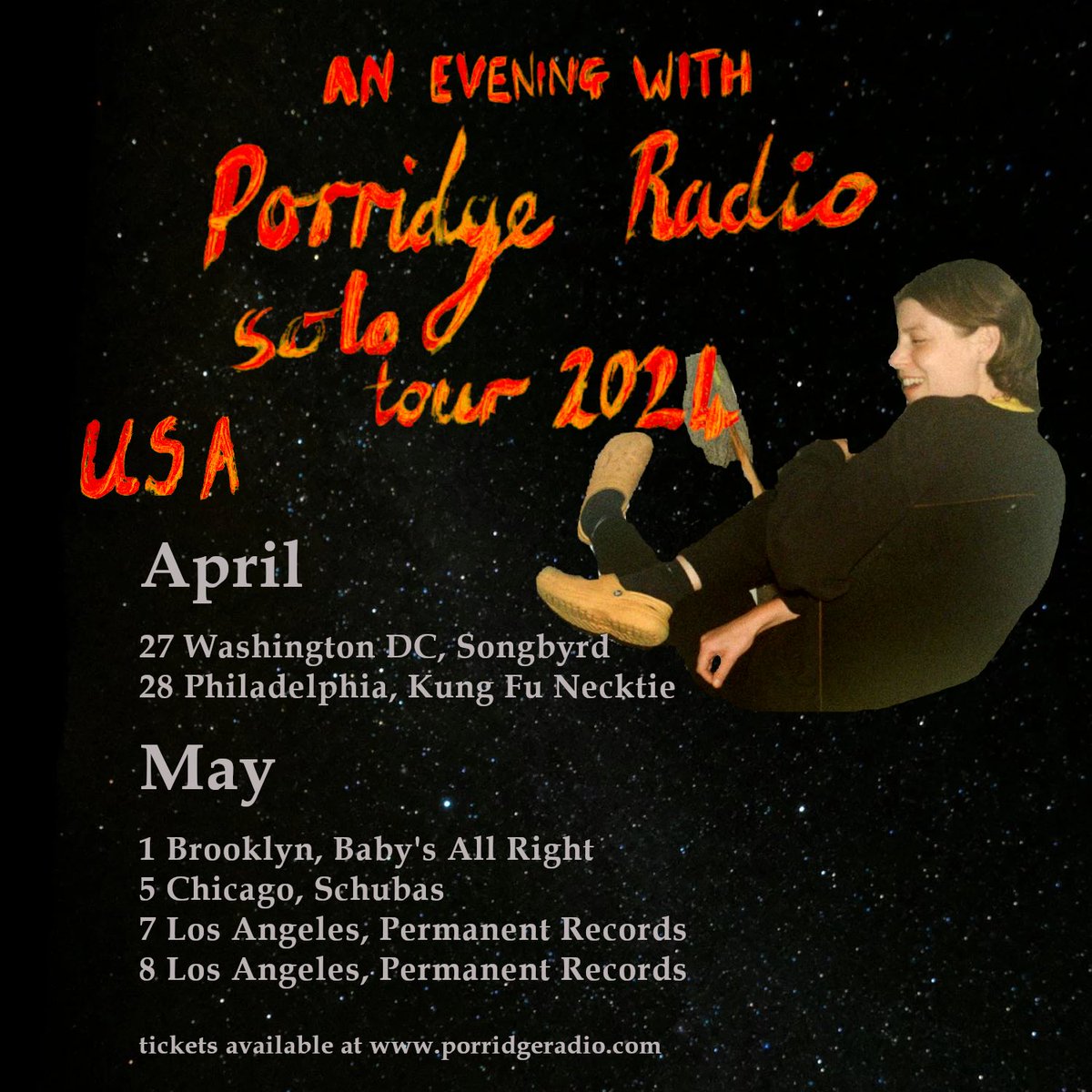 I’m coming to North America on my own to play my songs. Thank you for buying tickets, supports announced soon💫 porridgeradio.com