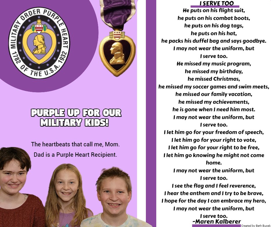 💜𝐄𝐯𝐞𝐫𝐲 𝐭𝐢𝐦𝐞 𝐈 𝐫𝐞𝐚𝐝 𝐭𝐡𝐢𝐬 𝐩𝐨𝐞𝐦, 𝐈 𝐠𝐞𝐭 𝐜𝐡𝐨𝐤𝐞𝐝 𝐮𝐩. 𝐒𝐨 𝐩𝐫𝐨𝐮𝐝 𝐨𝐟 𝐚𝐥𝐥 𝐨𝐮𝐫 𝐛𝐫𝐚𝐯𝐞 𝐦𝐢𝐥𝐢𝐭𝐚𝐫𝐲 𝐤𝐢𝐝s💜

Beth Bucek
Marketing Director
MOPH National
purpleheart.org

#MilitaryKidsRock #MilitaryKids #Adaptability