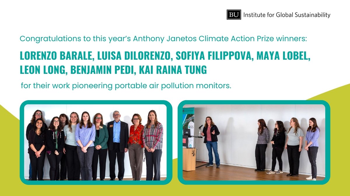 Bikes could soon be powerful tools to measure street-level #AirPollution, thanks to a group of @BUCollegeofENG (@BUMechE & @BU_ece) students! 🚲The team was just awarded this year’s Anthony Janetos Climate Action Prize for their pioneering work. 🧵