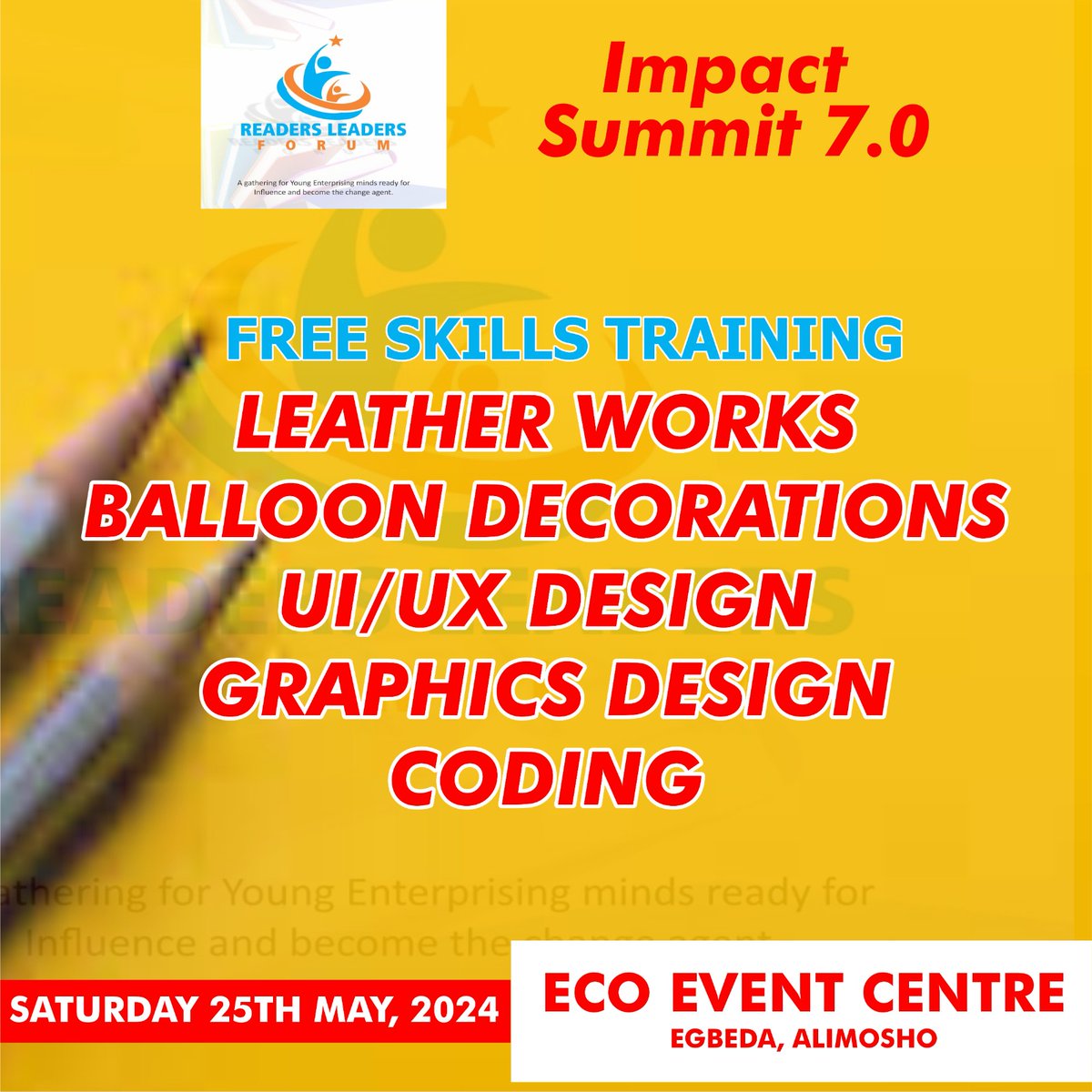 Read2LeadForum's tweet photo. It's getting more exciting as  attendees won't ONLY be spurred on but have the Opportunity to LEARN A SKILL on the Day.

Yes!!! We are having a SKILL UP SESSION on the Day and beyond for our IMPACT SUMMIT 7.0... https://t.co/Q7gBInra8X