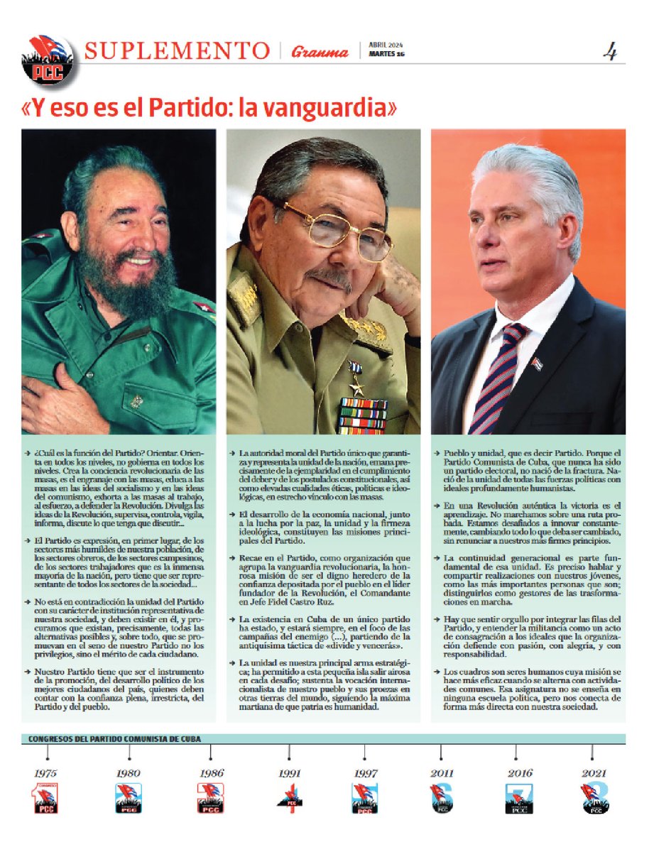 dilbertgranma's tweet photo. La fundación del @PartidoPCC es una fecha trascendental y @Granma_Digital la acompaña con un suplemento que contiene un artículo de @EVilluendasC sobre la jornada, así como historias de vida de #GenteQueSuma. Presentes las ideas de #FidelPorSiempre, #RaúlEsRaúl y @DiazCanelB. https://t.co/pWZaH64DlN