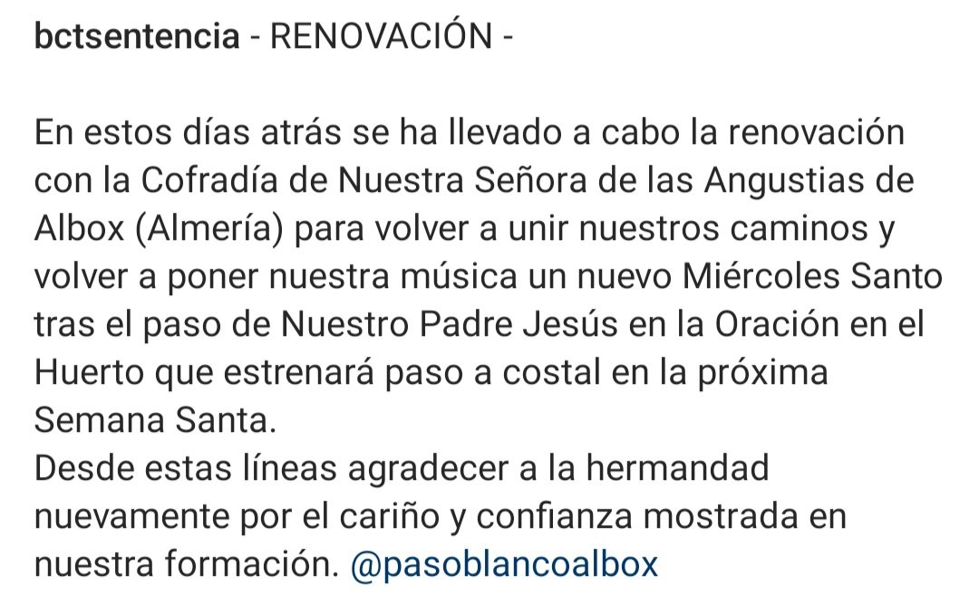 Nos llega la renovación para la próxima Semana Santa'25 entre bctsentencia y <a href="/PasoBlancoAlbox/">Cofradia de Ntra Sra de las Angustias de Albox</a> #regionescofrade