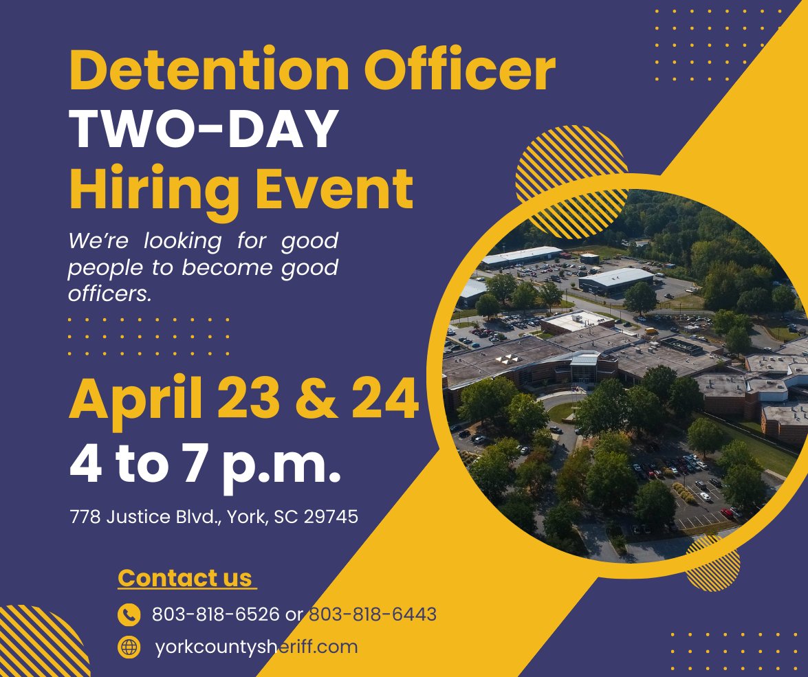 Don't forget! Our next hiring event is coming up. This time, it's two days! Plan now if you're interested in these career opportunities. ✅Detention Officers ✅Nurses ✅Booking Clerks #YCSONews #Careers
