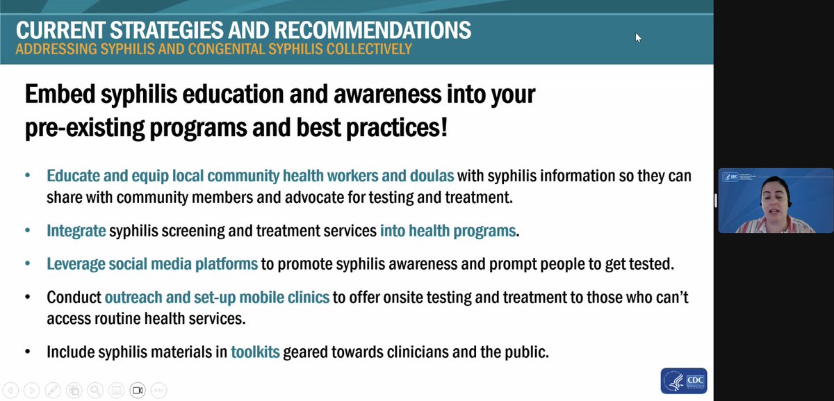 .@kate_miele of @CDCSTD names how advocates can embed #syphilis education and awareness into pre-existing programs: 🌟 Leverage social media platforms 🌟 Integrate syphilis screening and treatment services 🌟 Conduct outreach and set-up mobile clinics for testing/treatment