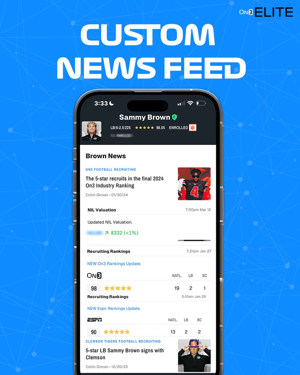Custom news feed. On you, for you. All in the On3 Elite app 📲apps.apple.com/us/app/on3-eli…