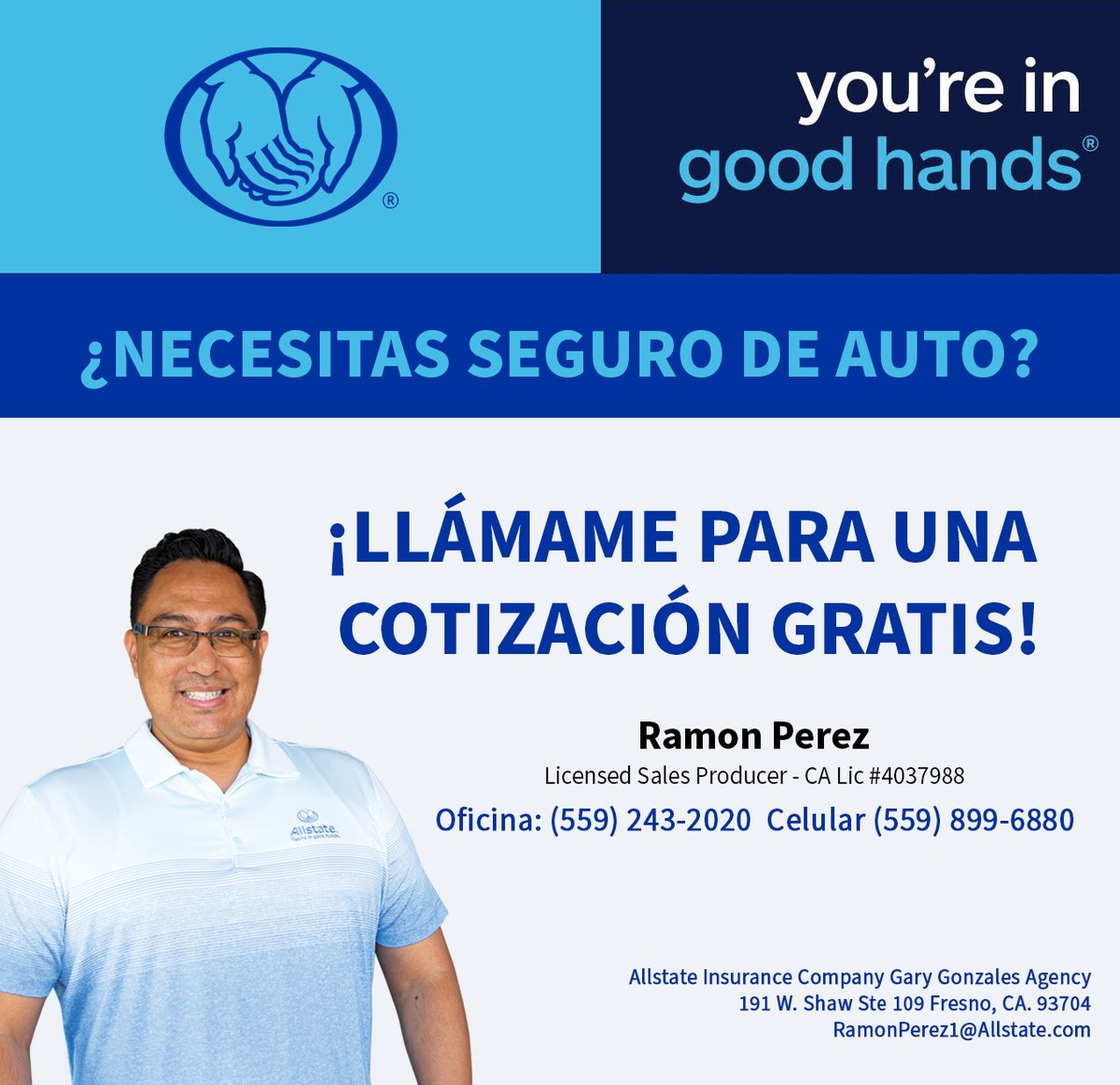 RamonAaronMora's tweet photo. ¿NECESITAS SEGURO DE AUTO?
¡Llámame para una cotización gratis!

Oficina: (559) 243-2020
Celular (559) 899-6880

Ramon Pérez
Licensed Sales Producer
CA LIC #4037988

También puedes visitarme en la oficina en el
191 W. Shaw Ave. Fresno, CA. 93704 https://t.co/ctxem7f0Vc