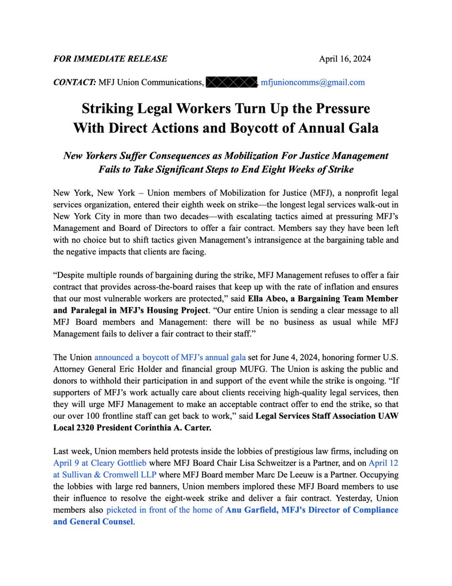MFJUnion's tweet image. 📢📢WEEK 8 STRIKE PRESS RELEASE

➡️Striking Legal Workers Turn Up the Pressure With Direct Actions and Boycott of Annual Gala!

➡️New Yorkers Suffer Consequences as @MFJLegal  Management Fails to Take Significant Steps to End Eight Weeks of Strike 📢📢   

A🧵