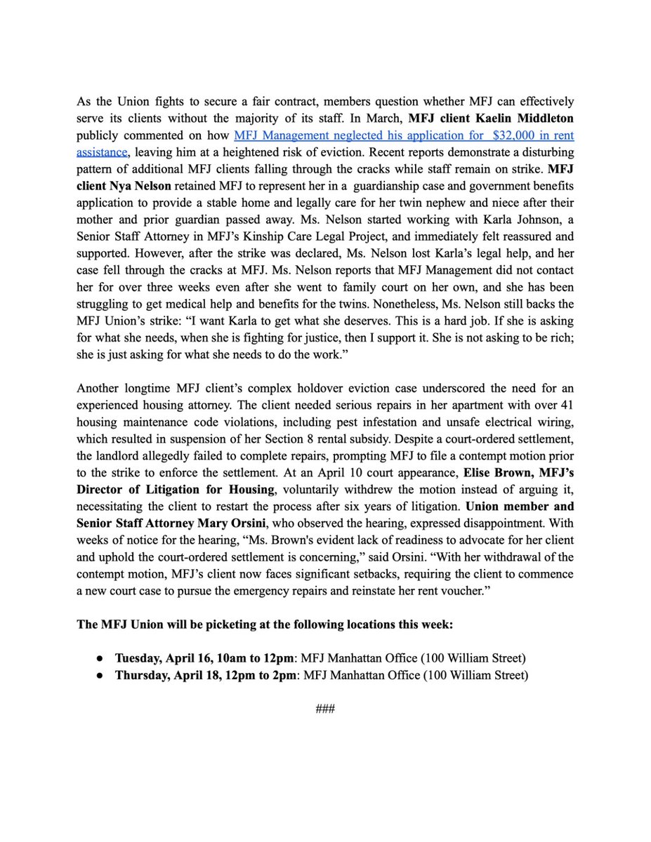 📢📢WEEK 8 STRIKE PRESS RELEASE ➡️Striking Legal Workers Turn Up the Pressure With Direct Actions and Boycott of Annual Gala! ➡️New Yorkers Suffer Consequences as @MFJLegal Management Fails to Take Significant Steps to End Eight Weeks of Strike 📢📢 A🧵