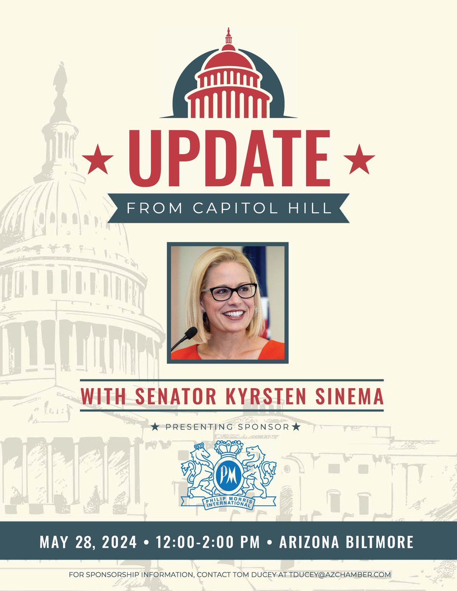 Our 2024 Update from Capitol Hill is coming up on May 28 & we’re excited to welcome back @SenatorSinema as this year’s keynote! Hear from AZ’s senior senator as she reflects on her time in DC & updates the biz community on key priorities. REGISTER NOW→ azchamber.chambermaster.com/events/details…