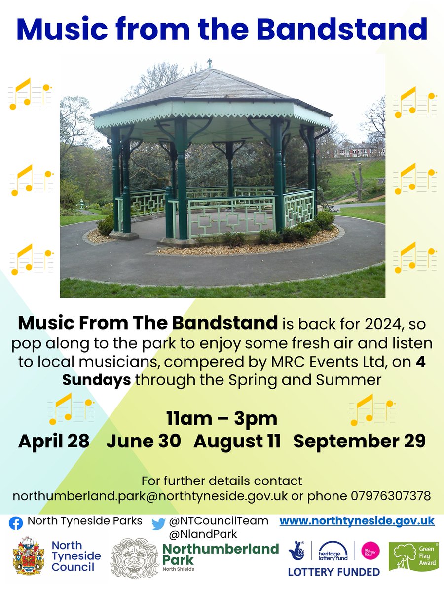 4 dates for your diaries if you fancy some fresh air whilst listening to local musicians.
Why not treat yourselves to a tasty treat and cuppa from the Northumberland Park Cafe to enjoy as you listen?!
#northshields #tynemouth #whitleybay #NTCouncilTeam #Music #Bandstand