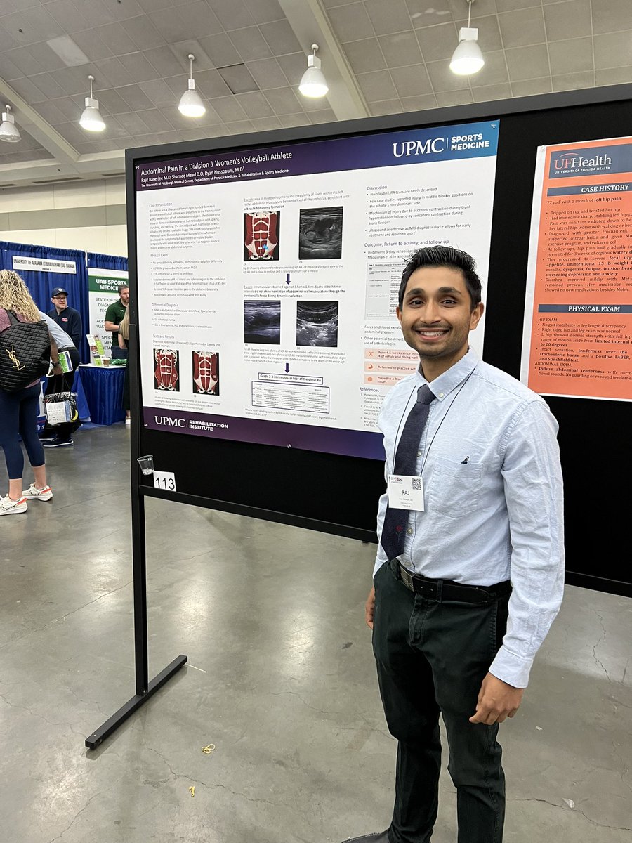 Rajbanerjee_33's tweet photo. Had a great time presenting abd pain in a D1 Volleyball athlete &amp; connecting w/sports med community at #AMSSM24

Thanks for the mentorship! 
Dr Sharnee Mead &amp; @DrRyanNuss 
@UPMC_PMR 
@UPMCSportsMed https://t.co/lqAdKlPmu9