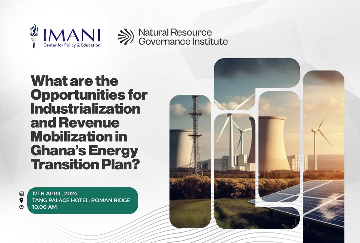 Join us tomorrow as we discuss the opportunities for industrialization and revenue mobilization in Ghana's energy transition plan. 📅 APRIL 17TH, 2024 ⏲️ 10: 00 AM 🏛️ TANG PALACE HOTEL, ROMAN RIDGE #IMANIAfrica #GhanaEnergy