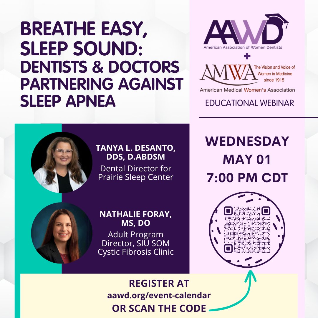 The American Association of Women Dentists (#AAWD) and the American Medical Women’s Association (AMWA) invite you to a webinar focused on the critical role of screening for obstructive #sleepapnea. REGISTER to join us on May 1st, 8PM ET: bit.ly/49yYA6f