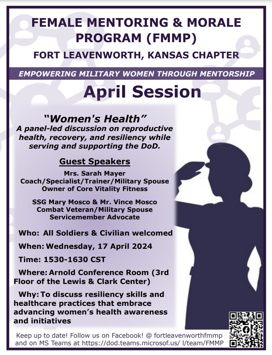 Join us on @FortLeavenworth tomorrow, April 17th for our April session of the Female Mentoring & Morale Program, where we'll be diving deep into the vital topic of Women's Health. 🩺 #FMMP
