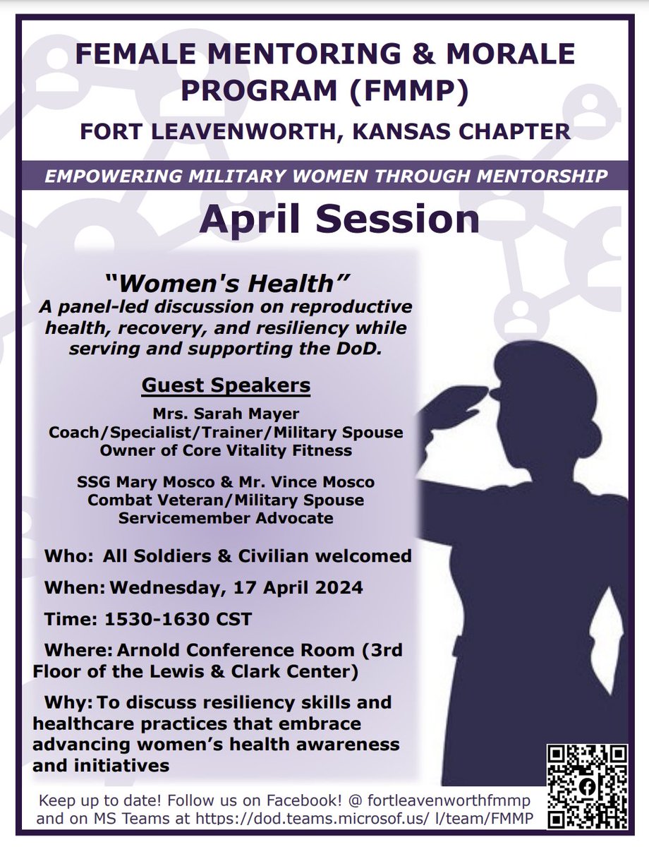 usacac's tweet photo. Join us on @FortLeavenworth tomorrow, April 17th for our April session of the Female Mentoring & Morale Program, where we'll be diving deep into the vital topic of Women's Health. 🩺 #FMMP https://t.co/FQsoyMInI7